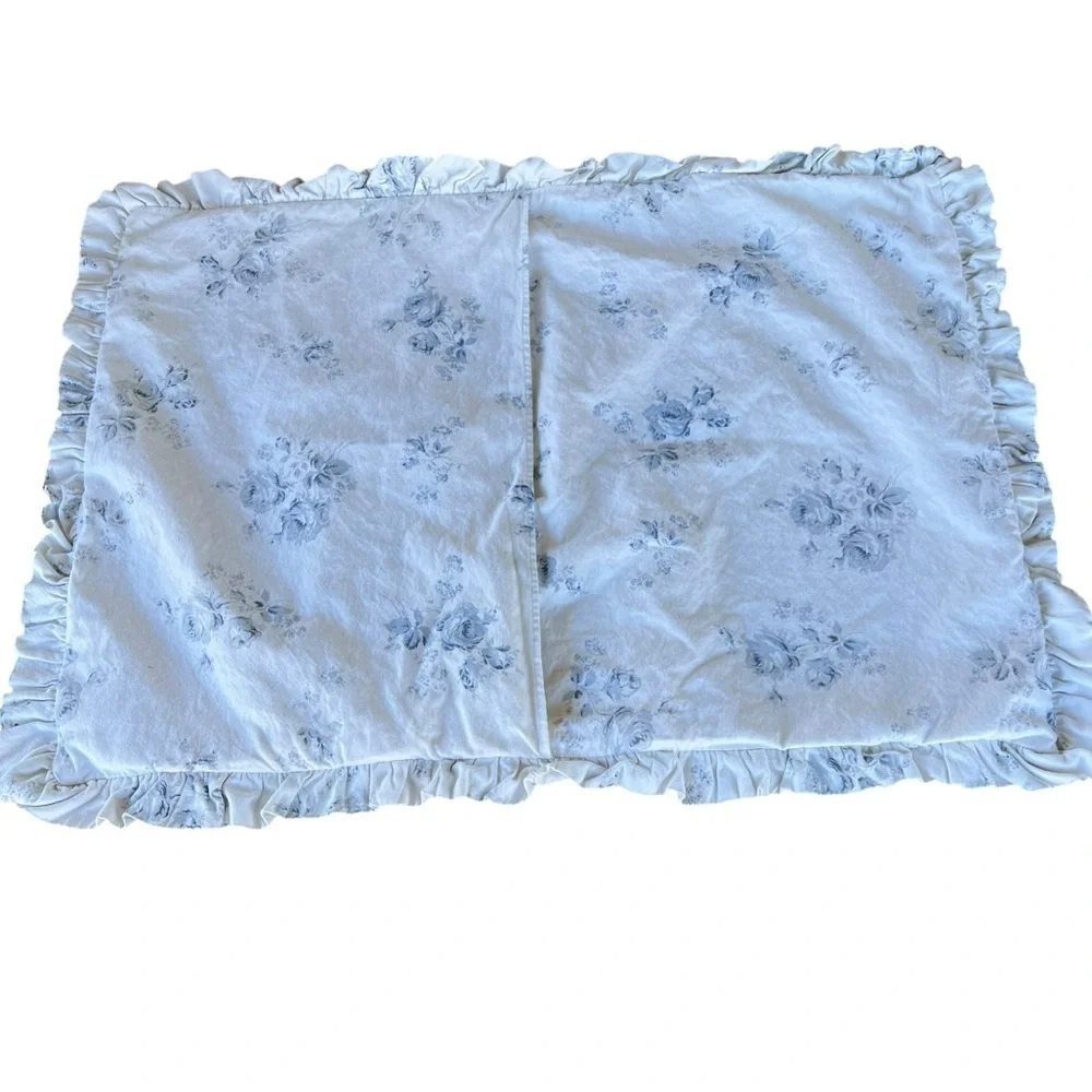 VTG Ethan Allen Blue Gray Rose Reversible 3-Piece Duvet Set Ruffles Cottage READ